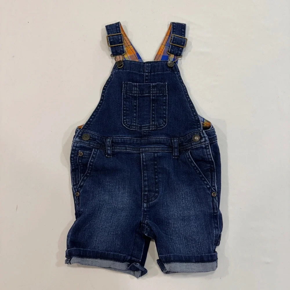 Gymboree Denim Shortall Overalls Toddler‎ 18-24M Dark Wash Plaid Lining